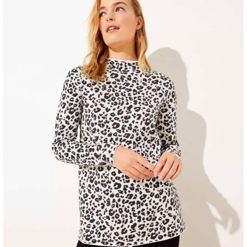 LOFT Black & White Leopard Print Mock Neck Sweater